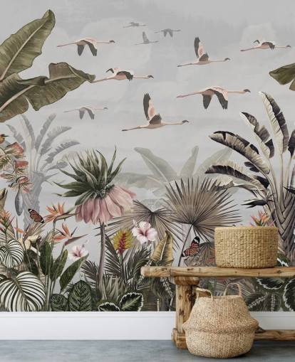 gray flamingo wallpaper mural called Jungle Flamingo Flamboyance Gray at Wallsauce for hallways and home offices gray flamingo wallpaper mural called Jungle Flamingo Flamboyance Gray at Wallsauce for hallways and home offices