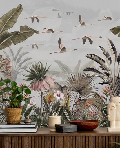 carta da parati murale con fenicotteri grigi chiamata Jungle Flamingo Flamboyance Grey at Wallsauce per corridoi e uffici domestici