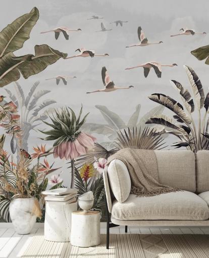 Graues Flamingo-Tapeten-Wandbild namens Jungle Flamingo Flamboyance Grey in Wallsauce für Flure und Heimbüros