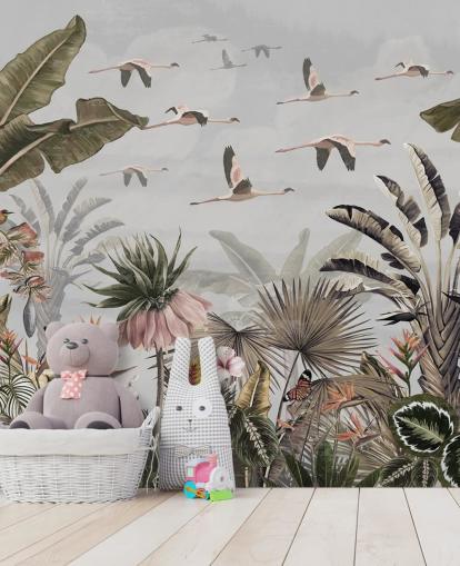 harmaa flamingo-taustakuvamaalaus nimeltä Jungle Flamingo Flamboyance Grey Wallsaucessa käytäville ja kotitoimistoille