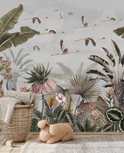papier peint mural en forme de flamant rose appelé Jungle Flamingo Flamboyance Grey chez Wallsauce pour les couloirs et les bureaux à domicile