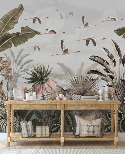 grå flamingo tapetväggmålning som heter Jungle Flamingo Flamboyance Grey på Wallsauce för hallar och hemmakontor