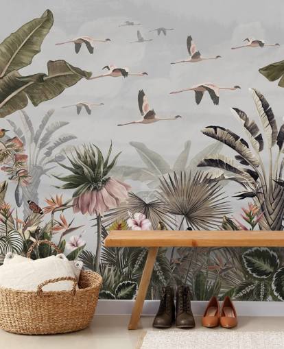 grey flamingo wallpaper mural called Jungle Flamingo Flamboyance Grey at Wallsauce for hallways and home offices