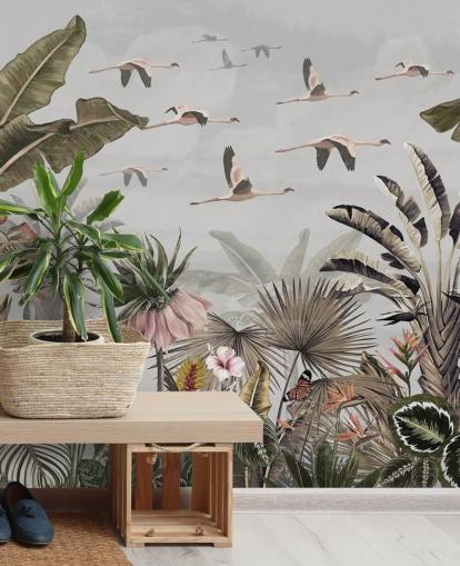 grå flamingo tapetväggmålning som heter Jungle Flamingo Flamboyance Grey på Wallsauce för hallar och hemmakontor