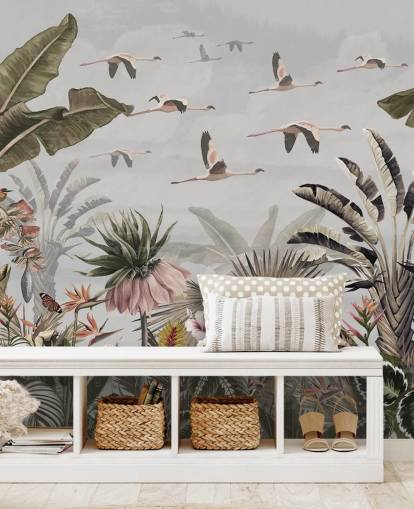 grå flamingo tapetmaleri kalt Jungle Flamingo Flamboyance Grey på Wallsauce for ganger og hjemmekontorer grå flamingo tapetmaleri kalt Jungle Flamingo Flamboyance Grey på Wallsauce for ganger og hjemmekontorer