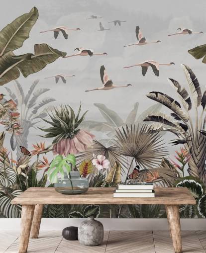 grå flamingo tapetväggmålning som heter Jungle Flamingo Flamboyance Grey på Wallsauce för hallar och hemmakontor