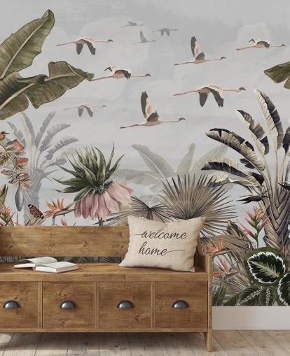 Graues Flamingo-Tapeten-Wandbild namens Jungle Flamingo Flamboyance Grey in Wallsauce für Flure und Heimbüros