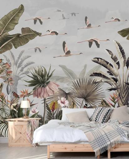 Graues Flamingo-Tapeten-Wandbild namens Jungle Flamingo Flamboyance Grey in Wallsauce für Flure und Heimbüros