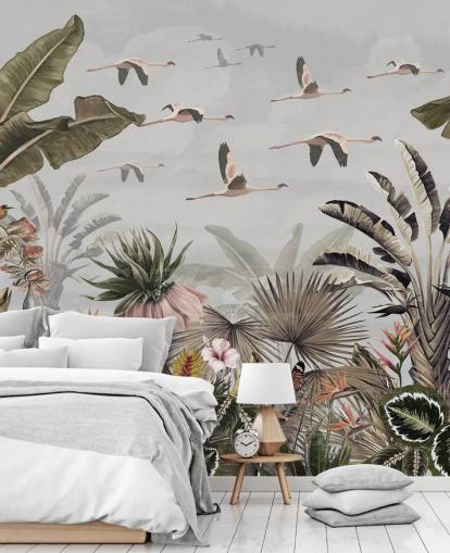 grey flamingo wallpaper mural called Jungle Flamingo Flamboyance Grey at Wallsauce for hallways and home offices