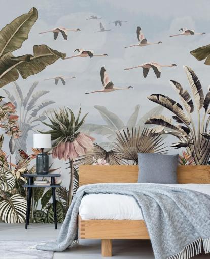 carta da parati con fenicotteri blu chiamata Jungle Flamingo Flamboyance Blue at Wallsauce per camere da letto