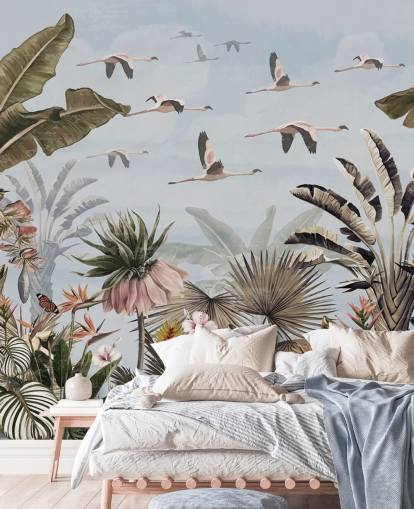 sininen flamingo-taustakuva nimeltä Jungle Flamingo Flamboyance Blue Wallsaucessa makuuhuoneisiin