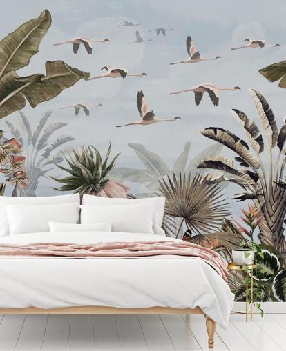 sininen flamingo-taustakuva nimeltä Jungle Flamingo Flamboyance Blue Wallsaucessa makuuhuoneisiin sininen flamingo-taustakuva nimeltä Jungle Flamingo Flamboyance Blue Wallsaucessa makuuhuoneisiin