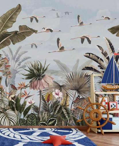 papel de parede de flamingo azul chamado Jungle Flamingo Flamboyance Blue at Wallsauce para quartos