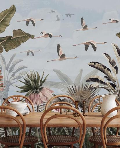 sininen flamingo-taustakuva nimeltä Jungle Flamingo Flamboyance Blue Wallsaucessa makuuhuoneisiin