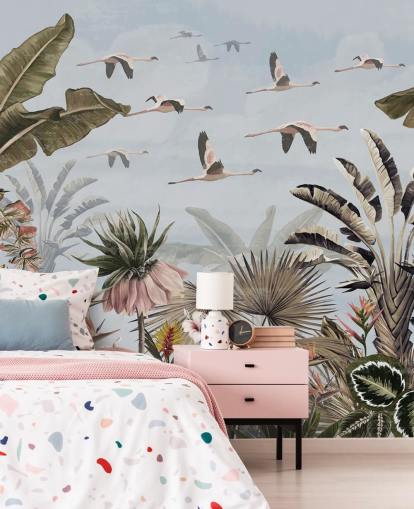 blå flamingo tapet som heter Jungle Flamingo Flamboyance Blue på Wallsauce för sovrum