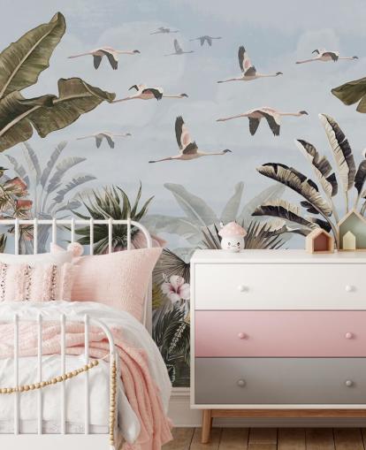 papel de parede de flamingo azul chamado Jungle Flamingo Flamboyance Blue at Wallsauce para quartos