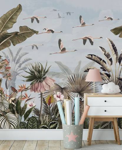 blaue Flamingo-Tapete namens Jungle Flamingo Flamboyance Blue bei Wallsauce für Schlafzimmer blaue Flamingo-Tapete namens Jungle Flamingo Flamboyance Blue bei Wallsauce für Schlafzimmer