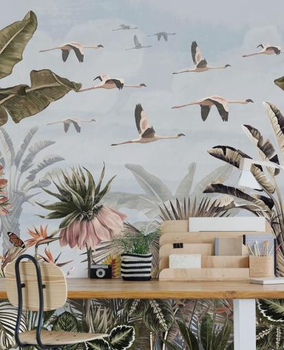 blå flamingo tapet kaldet Jungle Flamingo Flamboyance Blue på Wallsauce til soveværelser