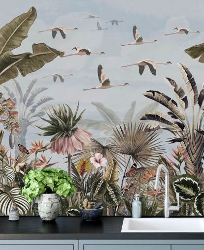 blå flamingo tapet kalt Jungle Flamingo Flamboyance Blue på Wallsauce for soverom