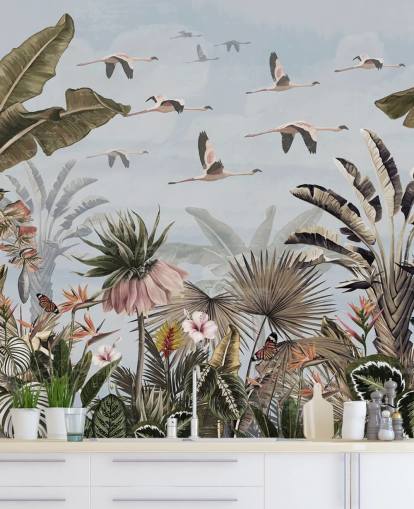 papel pintado de flamencos azules llamado Jungle Flamingo Flamboyance Blue at Wallsauce para dormitorios