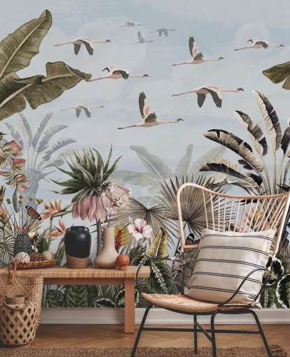 carta da parati con fenicotteri blu chiamata Jungle Flamingo Flamboyance Blue at Wallsauce per camere da letto