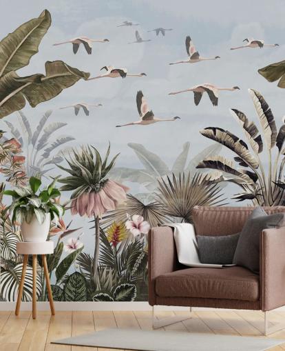 blaue Flamingo-Tapete namens Jungle Flamingo Flamboyance Blue bei Wallsauce für Schlafzimmer
