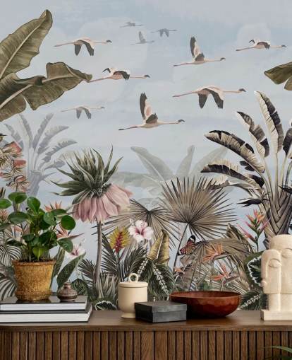 blue flamingo wallpaper called Jungle Flamingo Flamboyance Blue at Wallsauce for bedrooms