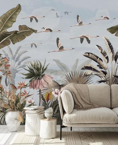 blauw flamingobehang genaamd Jungle Flamingo Flamboyance Blue bij Wallsauce voor slaapkamers blauw flamingobehang genaamd Jungle Flamingo Flamboyance Blue bij Wallsauce voor slaapkamers