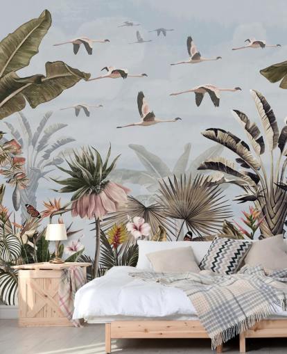 sininen flamingo-taustakuva nimeltä Jungle Flamingo Flamboyance Blue Wallsaucessa makuuhuoneisiin