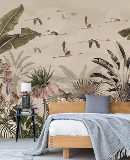 mural de papel de parede de flamingo bege chamado Jungle Flamingo Flamboyance em Wallsauce para quartos e salas de estar