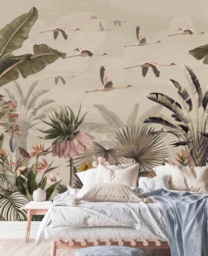 beige flamingo tapetväggmålning som heter Jungle Flamingo Flamboyance på Wallsauce för sovrum och vardagsrum