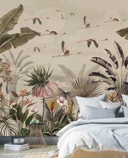 beige flamingo tapetmaleri kaldet Jungle Flamingo Flamboyance på Wallsauce til soveværelser og stuer beige flamingo tapetmaleri kaldet Jungle Flamingo Flamboyance på Wallsauce til soveværelser og stuer