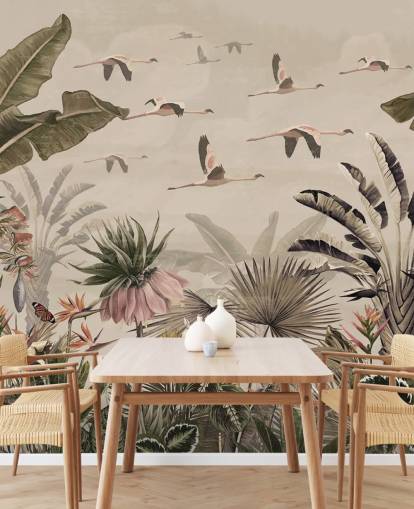 mural de papel de parede de flamingo bege chamado Jungle Flamingo Flamboyance em Wallsauce para quartos e salas de estar