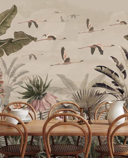 beigefarbenes Flamingo-Tapetenwandbild namens Jungle Flamingo Flamboyance in Wallsauce für Schlafzimmer und Wohnzimmer beigefarbenes Flamingo-Tapetenwandbild namens Jungle Flamingo Flamboyance in Wallsauce für Schlafzimmer und Wohnzimmer