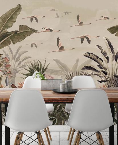 beige flamingo behangmuurschildering genaamd Jungle Flamingo Flamboyance at Wallsauce voor slaapkamers en woonkamers