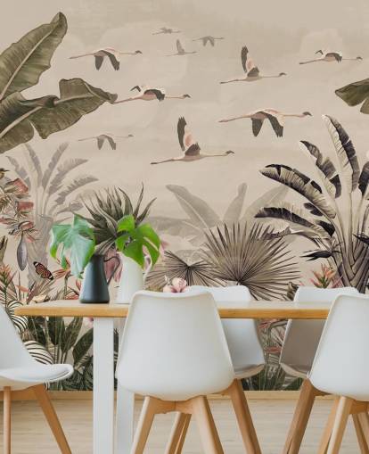 beige flamingo tapetmaleri kalt Jungle Flamingo Flamboyance på Wallsauce for soverom og stuer