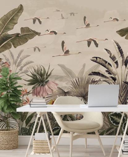 beige flamingo-taustakuvamaalaus nimeltä Jungle Flamingo Flamboyance Wallsaucessa makuuhuoneisiin ja olohuoneisiin beige flamingo-taustakuvamaalaus nimeltä Jungle Flamingo Flamboyance Wallsaucessa makuuhuoneisiin ja olohuoneisiin
