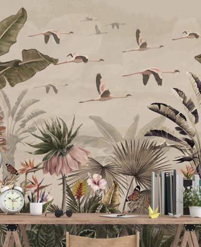 beige flamingo wallpaper mural called Jungle Flamingo Flamboyance at Wallsauce for bedrooms and living rooms