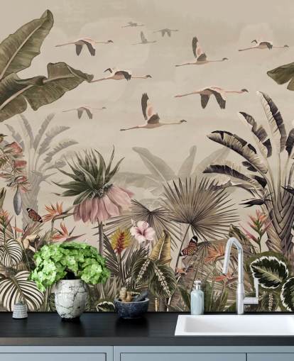 beigefarbenes Flamingo-Tapetenwandbild namens Jungle Flamingo Flamboyance in Wallsauce für Schlafzimmer und Wohnzimmer