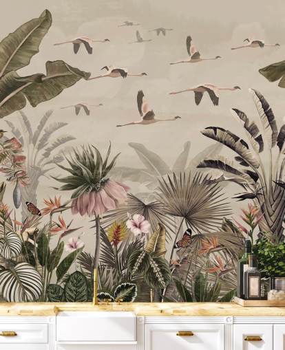 beige flamingo wallpaper mural called Jungle Flamingo Flamboyance at Wallsauce for bedrooms and living rooms