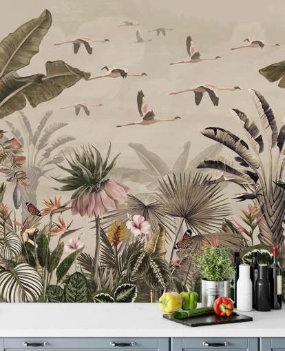 beige flamingo wallpaper mural called Jungle Flamingo Flamboyance at Wallsauce for bedrooms and living rooms