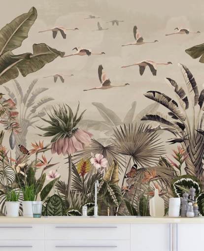 beigefarbenes Flamingo-Tapetenwandbild namens Jungle Flamingo Flamboyance in Wallsauce für Schlafzimmer und Wohnzimmer beigefarbenes Flamingo-Tapetenwandbild namens Jungle Flamingo Flamboyance in Wallsauce für Schlafzimmer und Wohnzimmer
