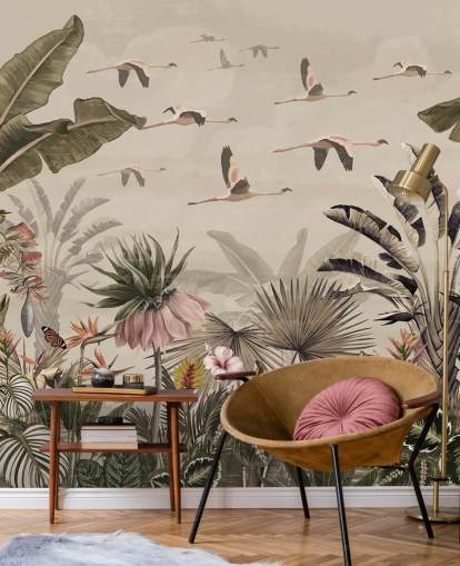 beige flamingo tapetmaleri kaldet Jungle Flamingo Flamboyance på Wallsauce til soveværelser og stuer