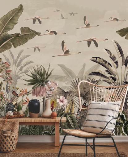 beige flamingo tapetmaleri kaldet Jungle Flamingo Flamboyance på Wallsauce til soveværelser og stuer