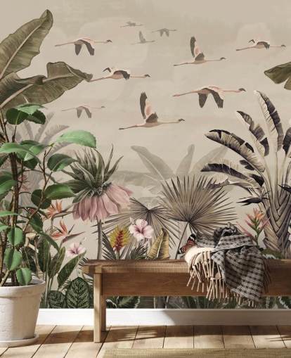 beige flamingo-taustakuvamaalaus nimeltä Jungle Flamingo Flamboyance Wallsaucessa makuuhuoneisiin ja olohuoneisiin