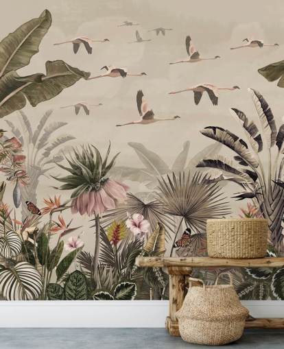 beige flamingo tapetväggmålning som heter Jungle Flamingo Flamboyance på Wallsauce för sovrum och vardagsrum beige flamingo tapetväggmålning som heter Jungle Flamingo Flamboyance på Wallsauce för sovrum och vardagsrum