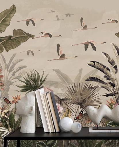 beige flamingo wallpaper mural called Jungle Flamingo Flamboyance at Wallsauce for bedrooms and living rooms