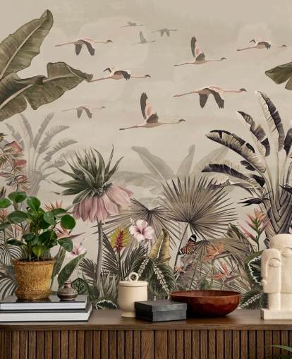 beige flamingo wallpaper mural called Jungle Flamingo Flamboyance at Wallsauce for bedrooms and living rooms beige flamingo wallpaper mural called Jungle Flamingo Flamboyance at Wallsauce for bedrooms and living rooms
