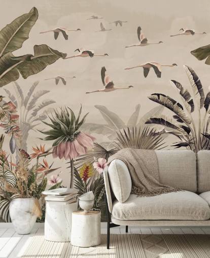 beige flamingo tapetmaleri kaldet Jungle Flamingo Flamboyance på Wallsauce til soveværelser og stuer