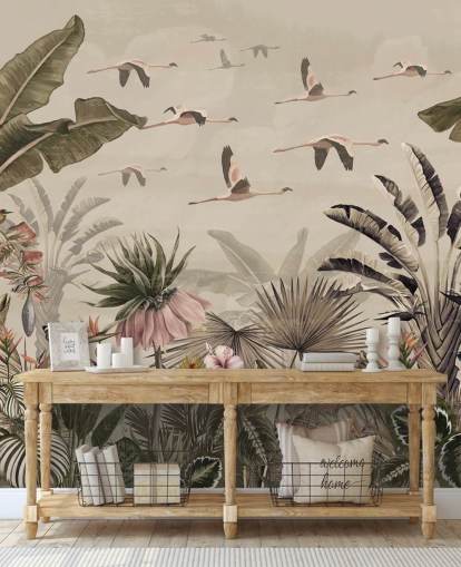 beigefarbenes Flamingo-Tapetenwandbild namens Jungle Flamingo Flamboyance in Wallsauce für Schlafzimmer und Wohnzimmer